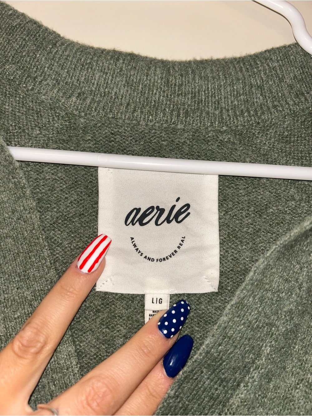aerie Olive & White Striped Collared V-Neck Sweater - Picture 2 of 3